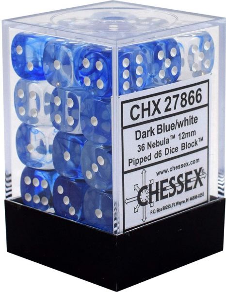 Chessex Nebula 12mm d6 Würfel-Set Blau/Weiß (36 Stück)