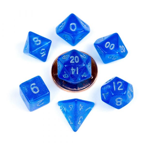 FanRoll Mini Würfel Set Stardust Blue with Silver Numbers (7 Stück)